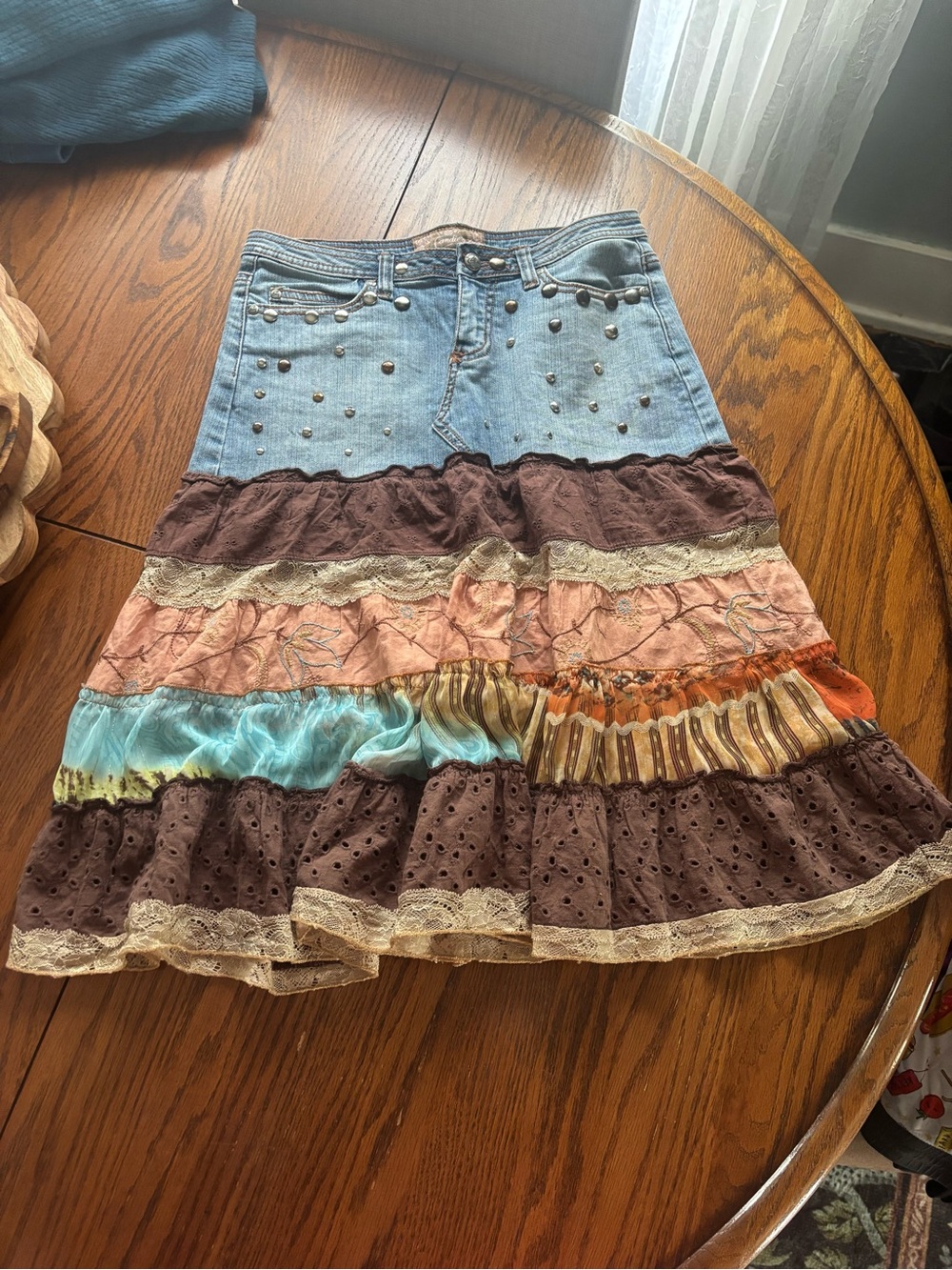 VTG Y2K Candie's Jean skirt lace ruffles studs boho festival size 5 juniors